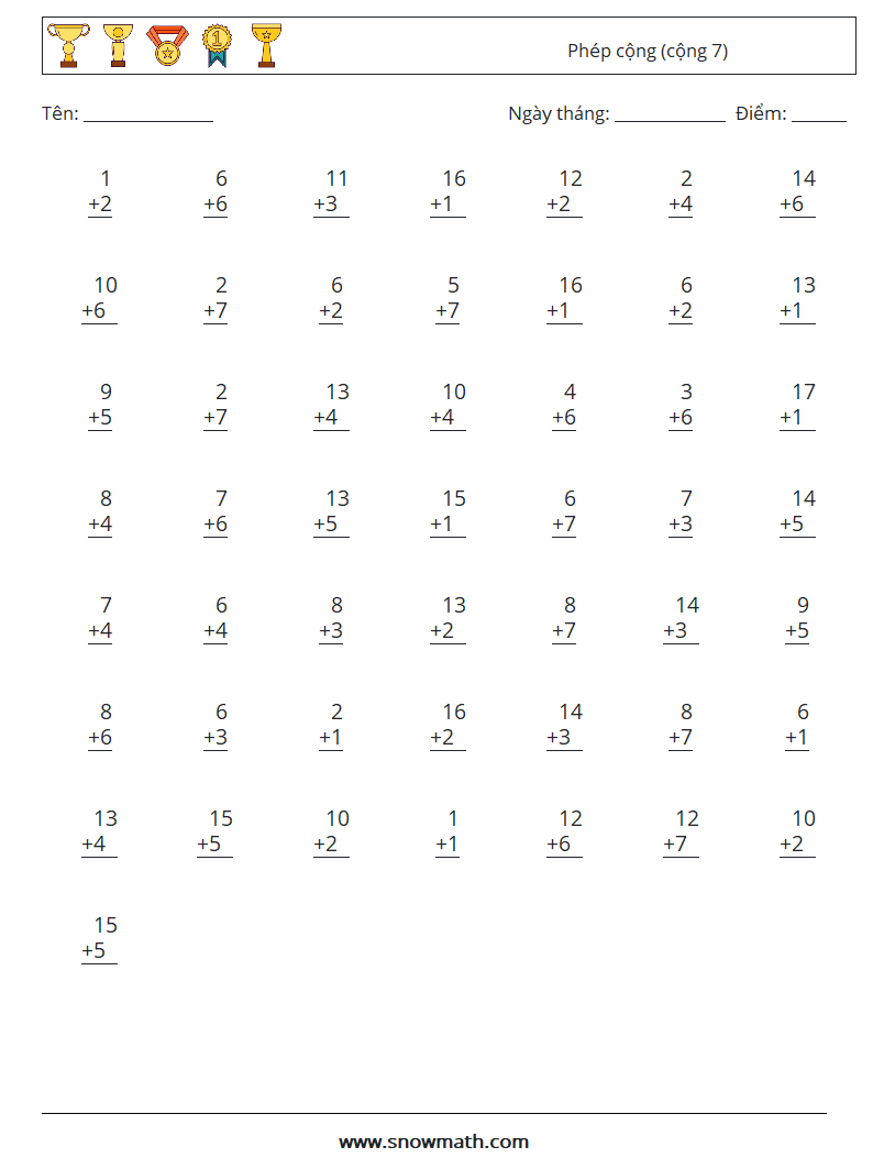 (50) Phép cộng (cộng 7) Bảng tính toán học 2