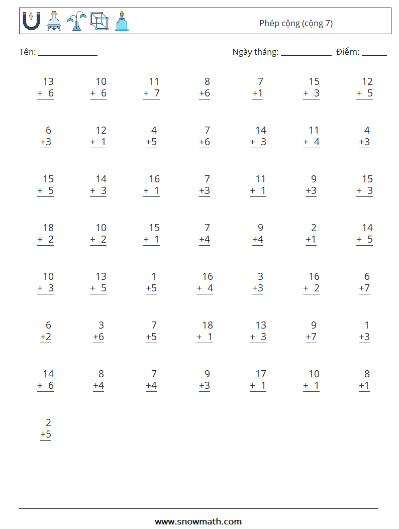 (50) Phép cộng (cộng 7) Bảng tính toán học 9