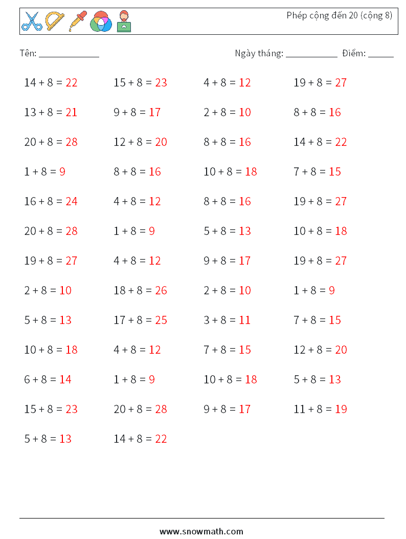 (50) Phép cộng đến 20 (cộng 8) Bảng tính toán học 4 Câu hỏi, câu trả lời