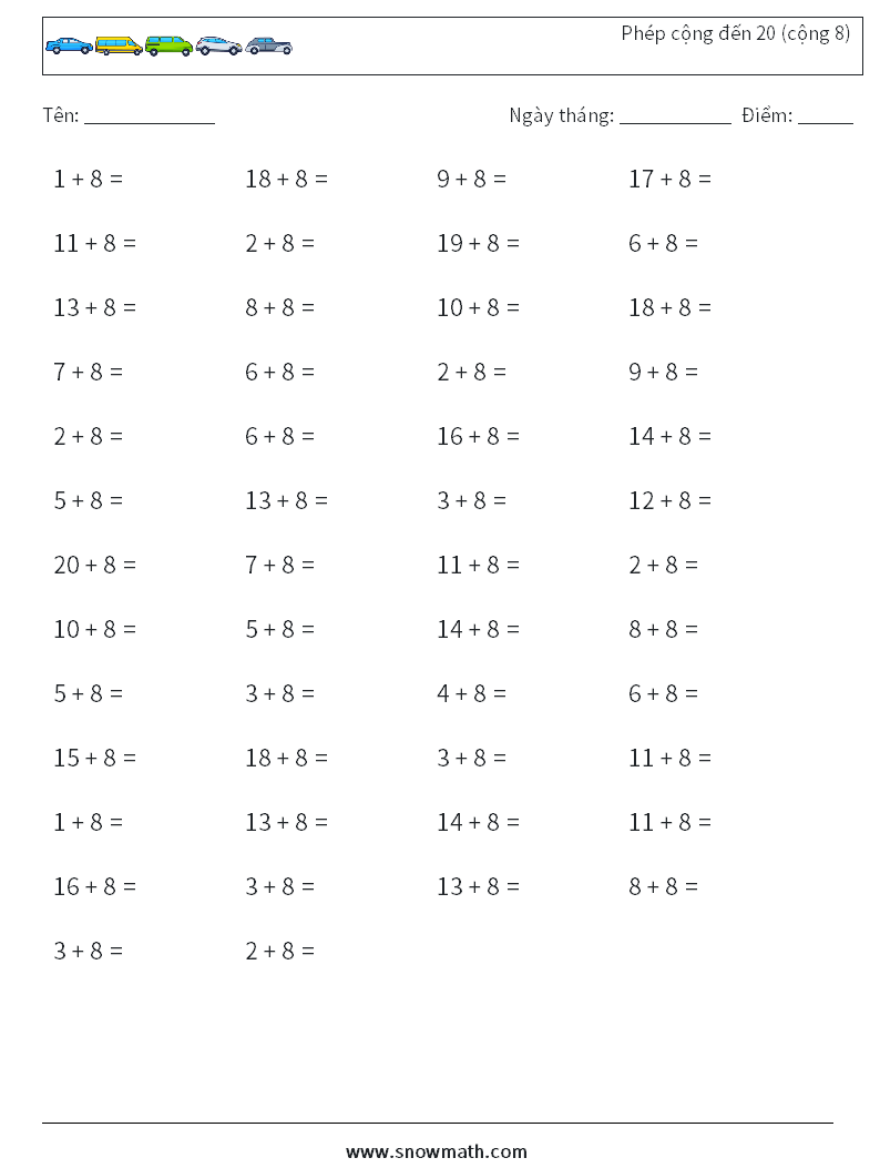 (50) Phép cộng đến 20 (cộng 8) Bảng tính toán học 5