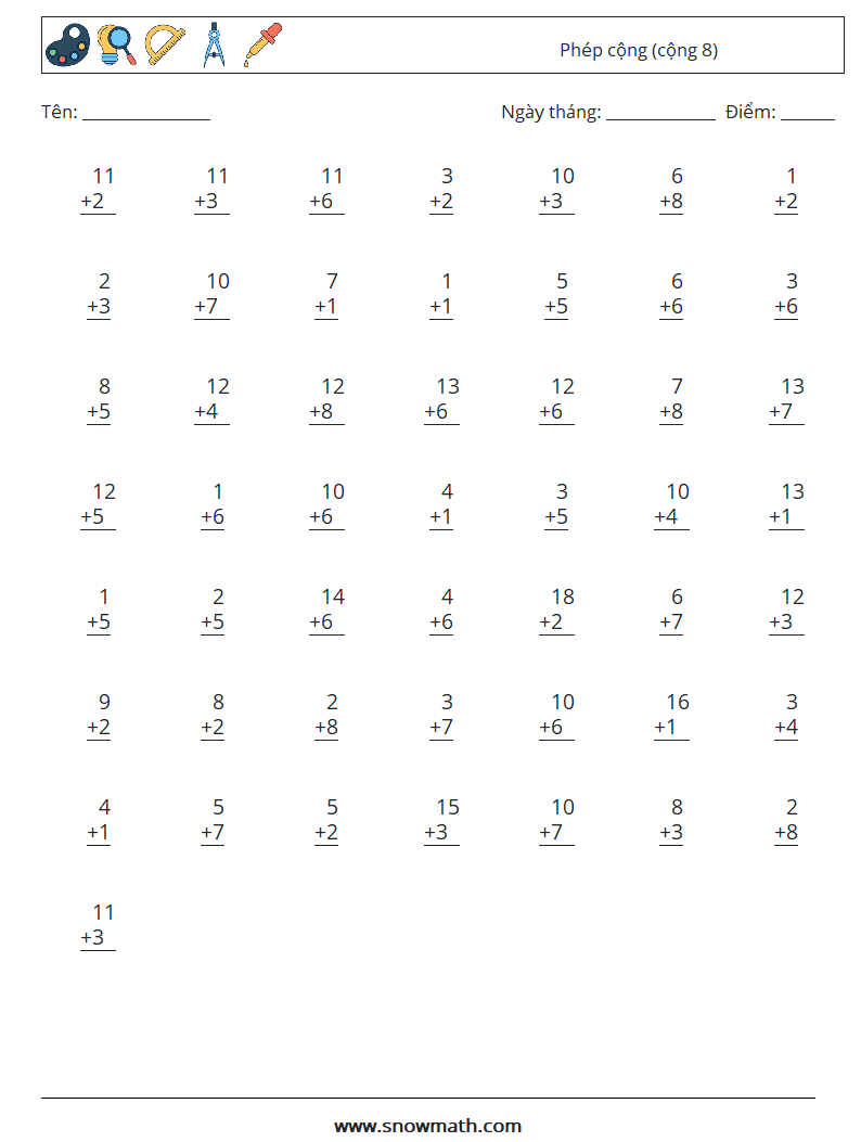 (50) Phép cộng (cộng 8) Bảng tính toán học 10