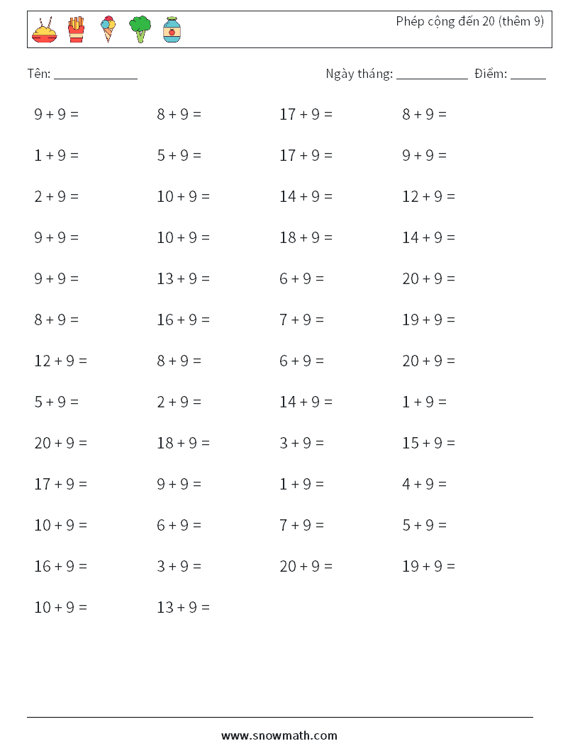 (50) Phép cộng đến 20 (thêm 9) Bảng tính toán học 2