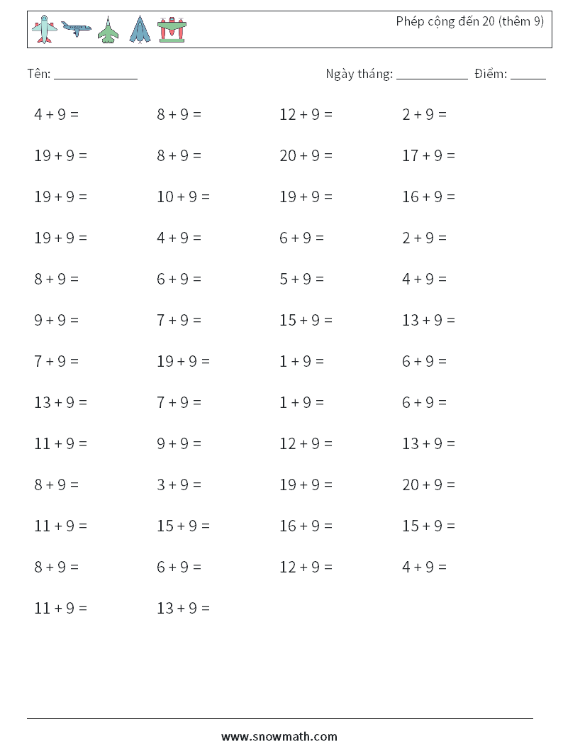 (50) Phép cộng đến 20 (thêm 9) Bảng tính toán học 8