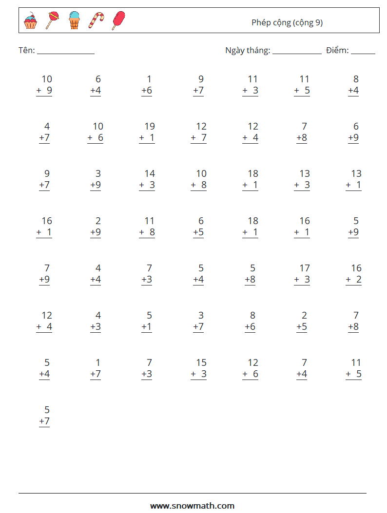 (50) Phép cộng (cộng 9) Bảng tính toán học 11