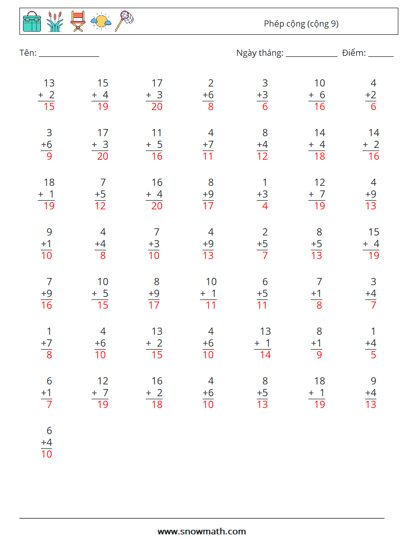 (50) Phép cộng (cộng 9) Bảng tính toán học 16 Câu hỏi, câu trả lời