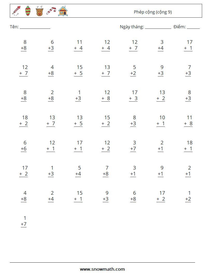 (50) Phép cộng (cộng 9) Bảng tính toán học 4
