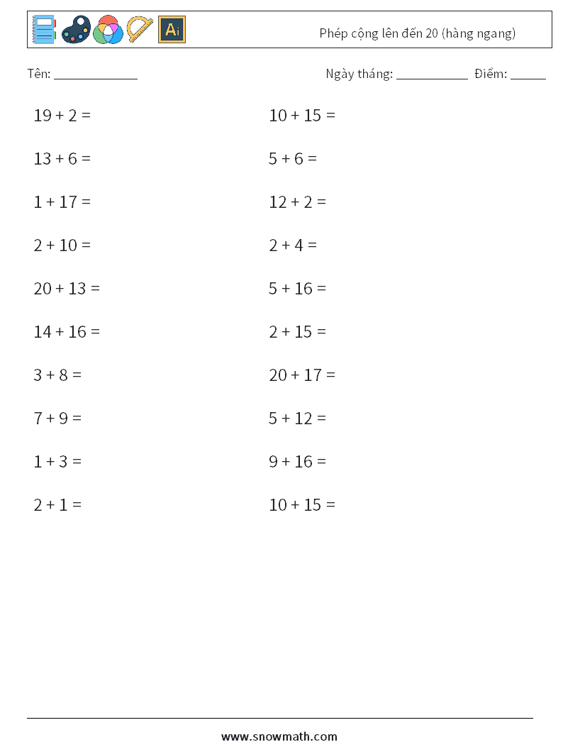 (20) Phép cộng lên đến 20 (hàng ngang)
