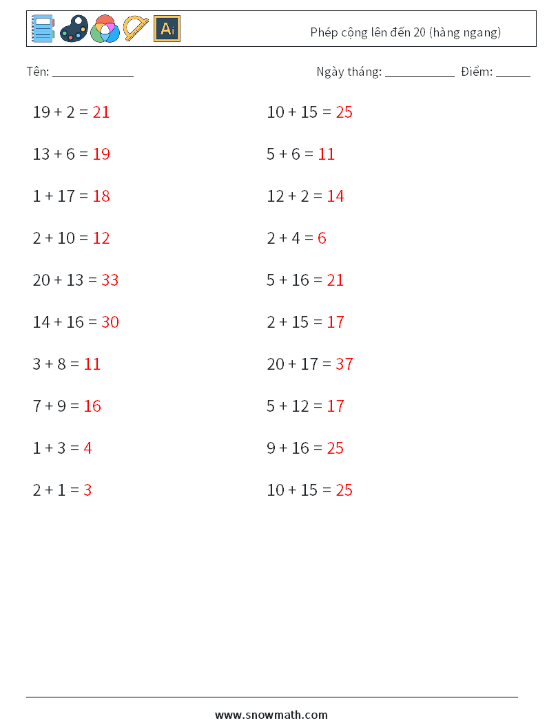 (20) Phép cộng lên đến 20 (hàng ngang) Bảng tính toán học 1 Câu hỏi, câu trả lời