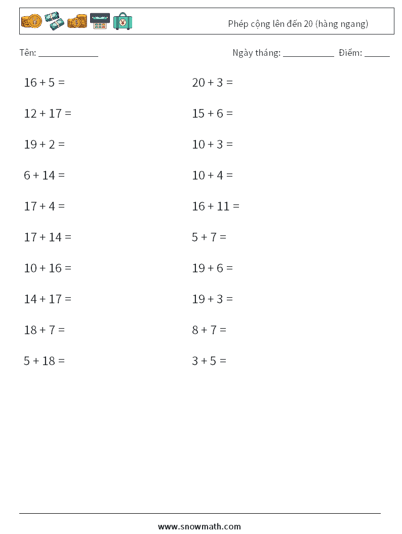 (20) Phép cộng lên đến 20 (hàng ngang) Bảng tính toán học 2