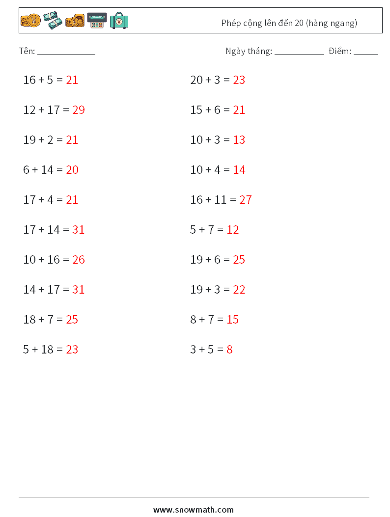 (20) Phép cộng lên đến 20 (hàng ngang) Bảng tính toán học 2 Câu hỏi, câu trả lời