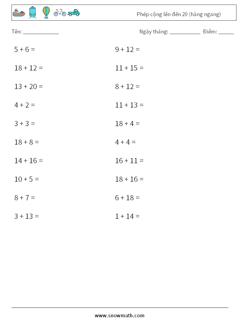 (20) Phép cộng lên đến 20 (hàng ngang) Bảng tính toán học 3