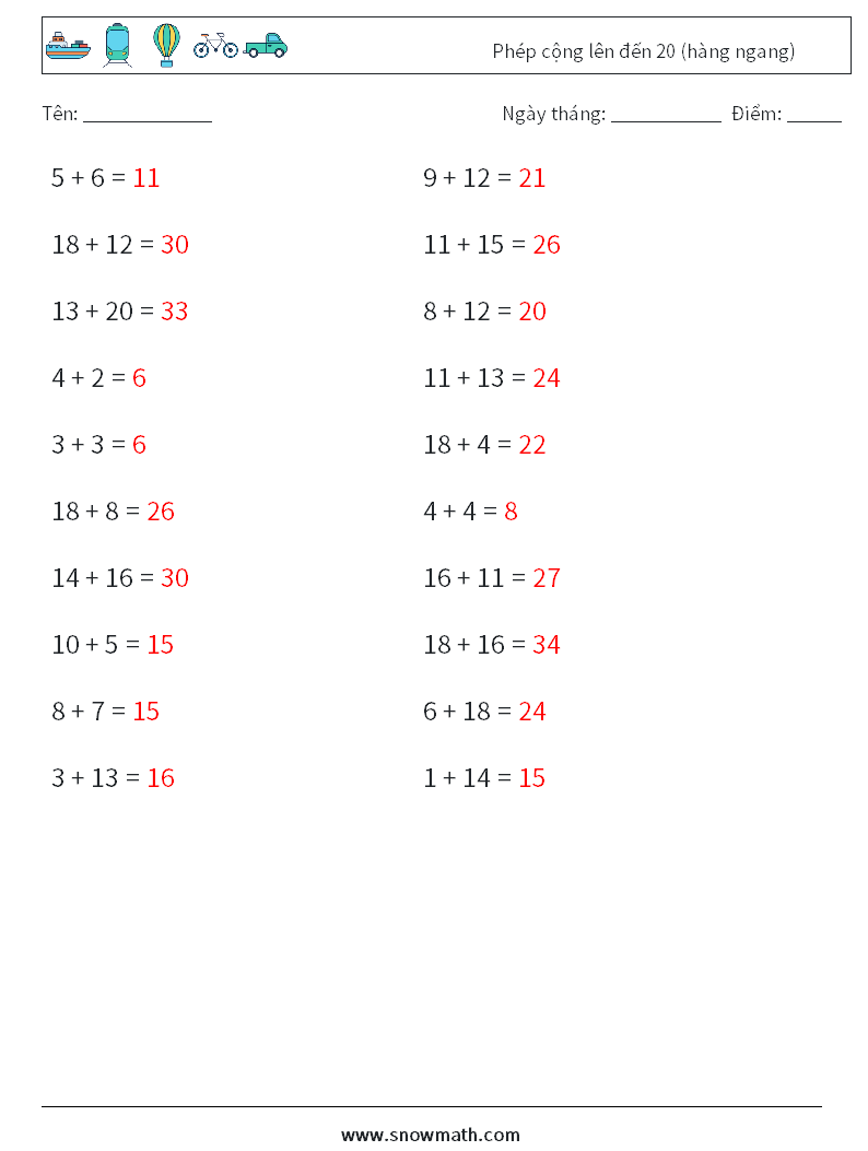 (20) Phép cộng lên đến 20 (hàng ngang) Bảng tính toán học 3 Câu hỏi, câu trả lời