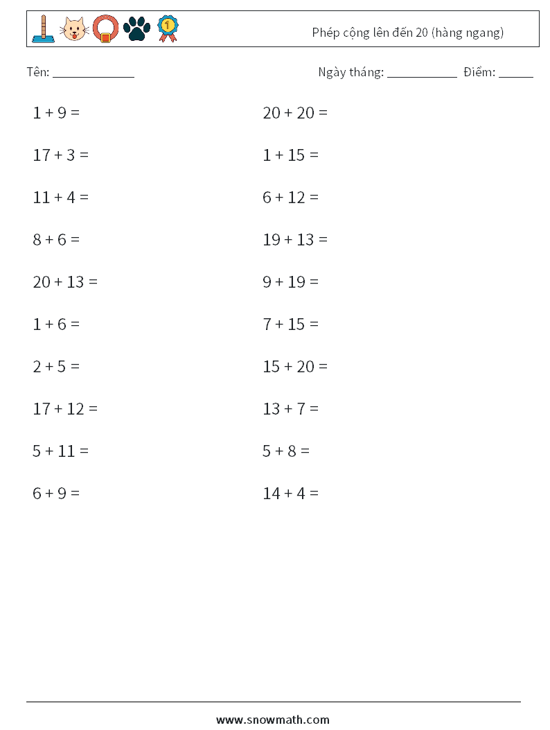 (20) Phép cộng lên đến 20 (hàng ngang) Bảng tính toán học 4