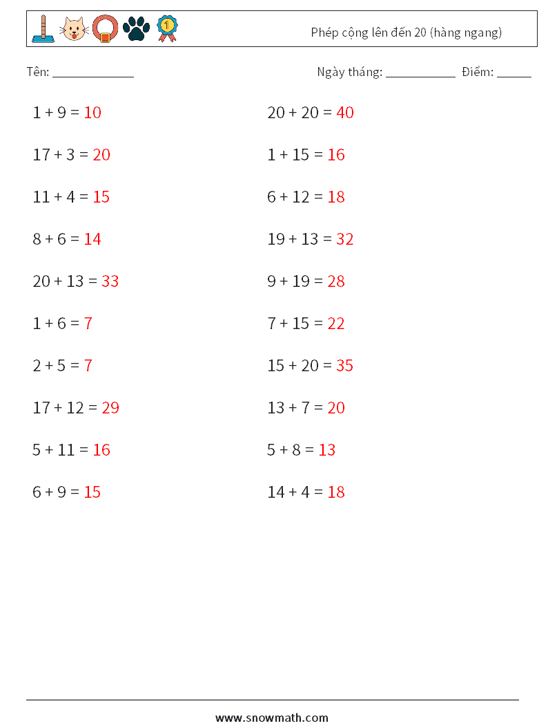 (20) Phép cộng lên đến 20 (hàng ngang) Bảng tính toán học 4 Câu hỏi, câu trả lời
