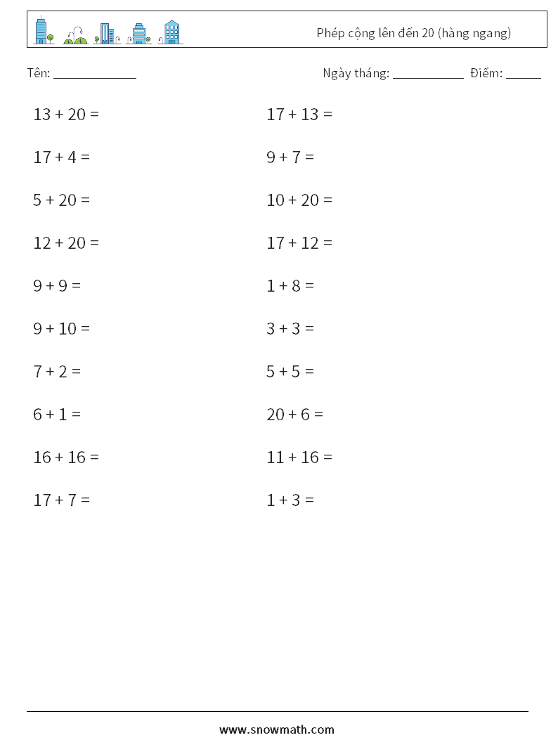 (20) Phép cộng lên đến 20 (hàng ngang) Bảng tính toán học 5