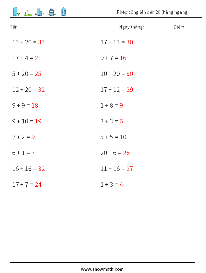 (20) Phép cộng lên đến 20 (hàng ngang) Bảng tính toán học 5 Câu hỏi, câu trả lời