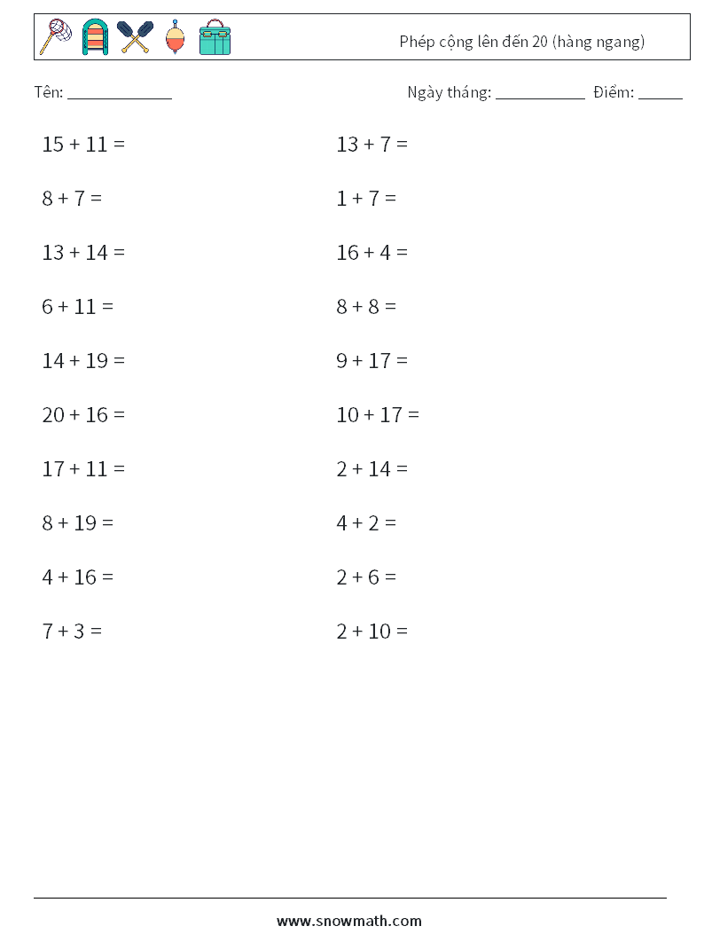 (20) Phép cộng lên đến 20 (hàng ngang) Bảng tính toán học 6
