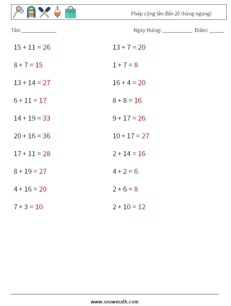 (20) Phép cộng lên đến 20 (hàng ngang) Bảng tính toán học 6 Câu hỏi, câu trả lời