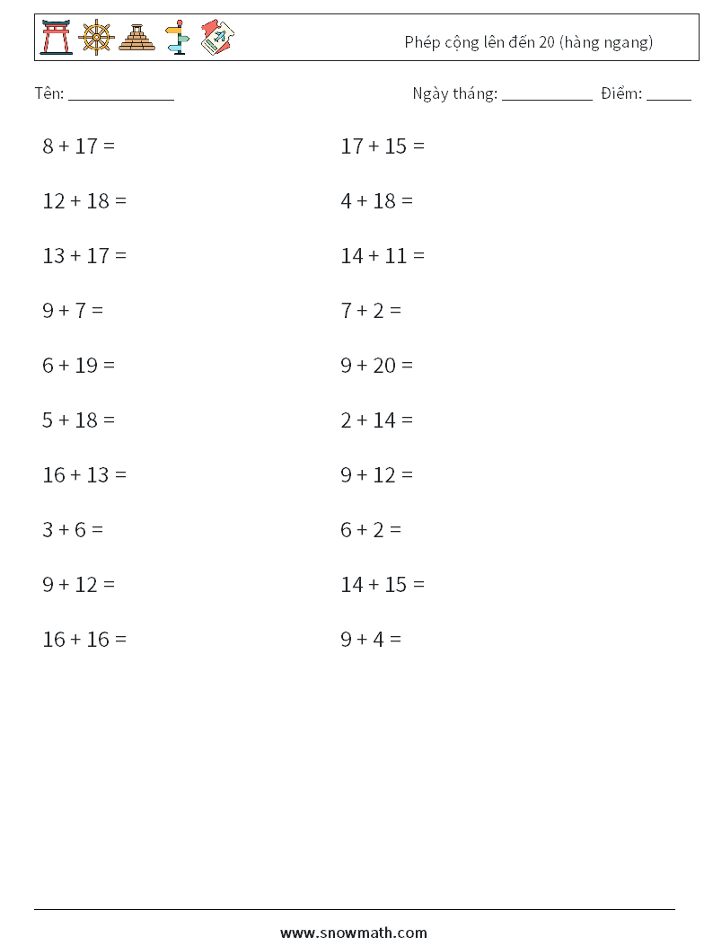 (20) Phép cộng lên đến 20 (hàng ngang) Bảng tính toán học 7