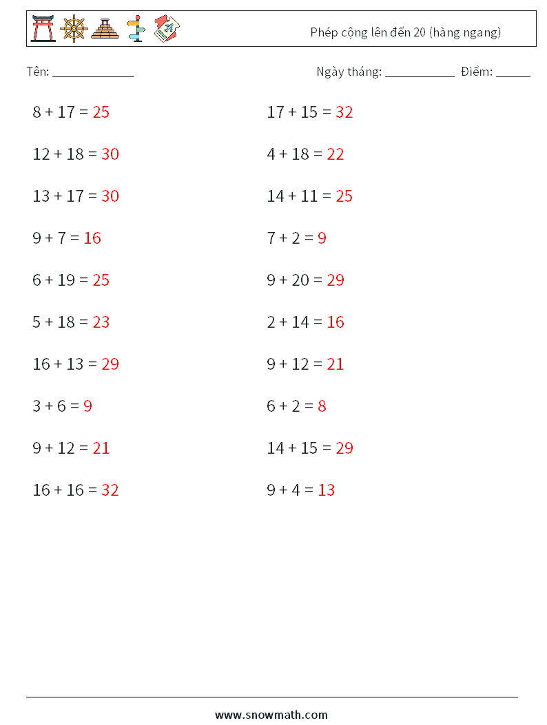 (20) Phép cộng lên đến 20 (hàng ngang) Bảng tính toán học 7 Câu hỏi, câu trả lời