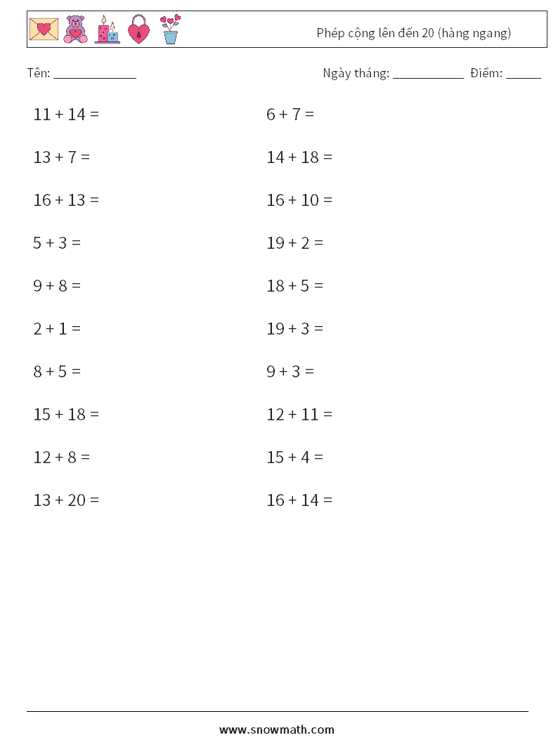 (20) Phép cộng lên đến 20 (hàng ngang) Bảng tính toán học 8
