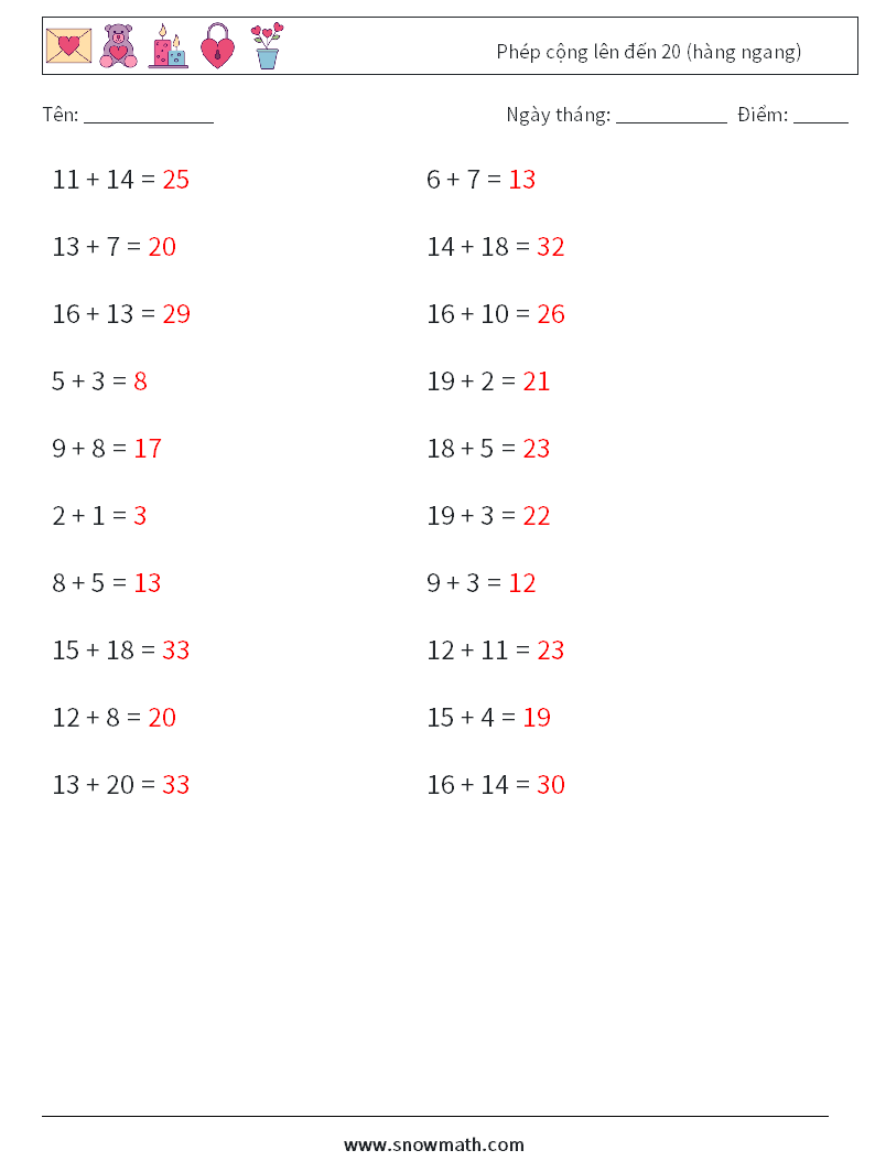 (20) Phép cộng lên đến 20 (hàng ngang) Bảng tính toán học 8 Câu hỏi, câu trả lời