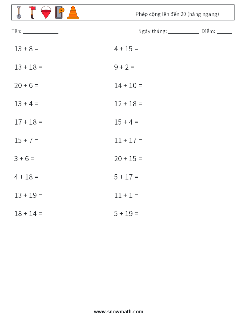 (20) Phép cộng lên đến 20 (hàng ngang) Bảng tính toán học 9