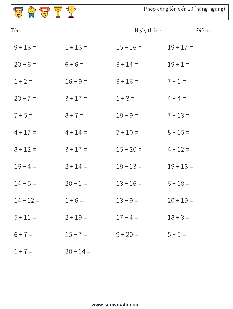 (50) Phép cộng lên đến 20 (hàng ngang) Bảng tính toán học 1
