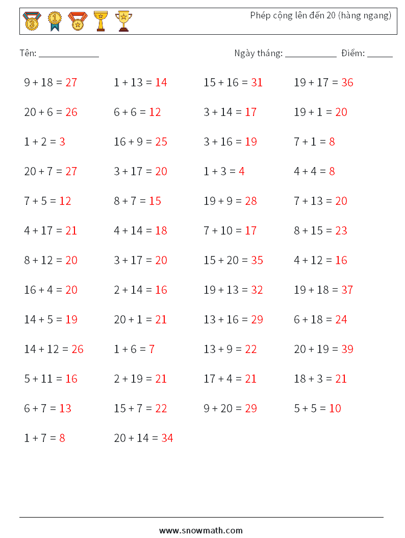 (50) Phép cộng lên đến 20 (hàng ngang) Bảng tính toán học 1 Câu hỏi, câu trả lời