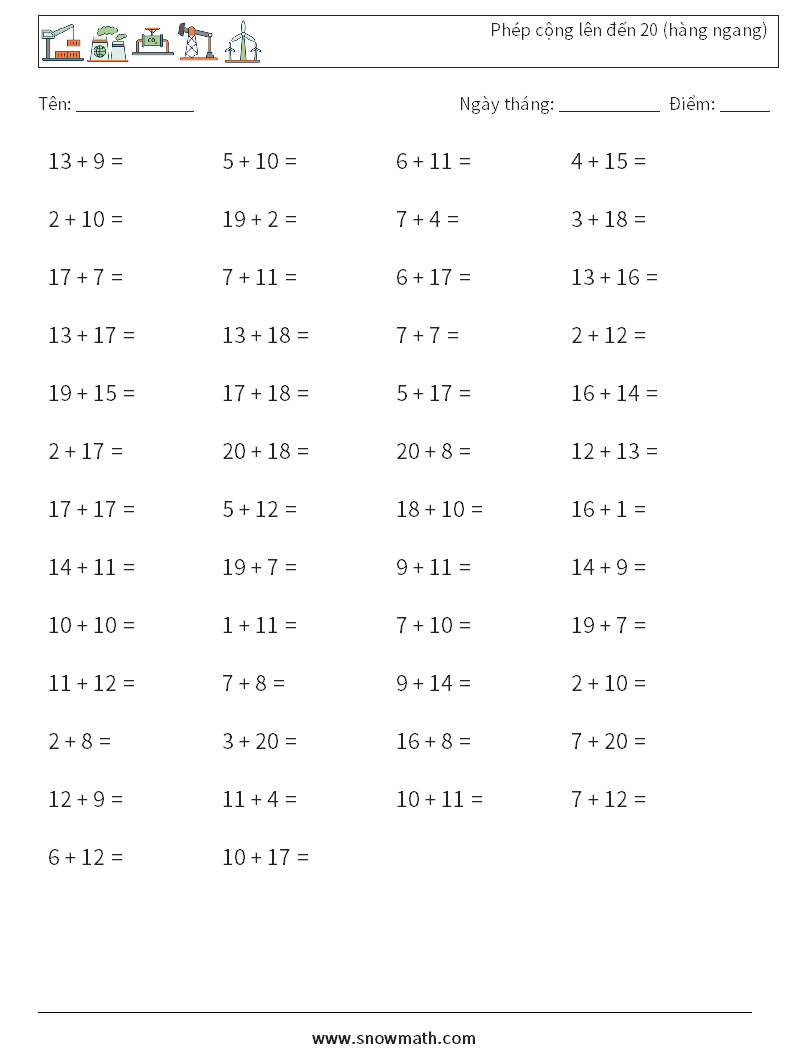 (50) Phép cộng lên đến 20 (hàng ngang) Bảng tính toán học 2