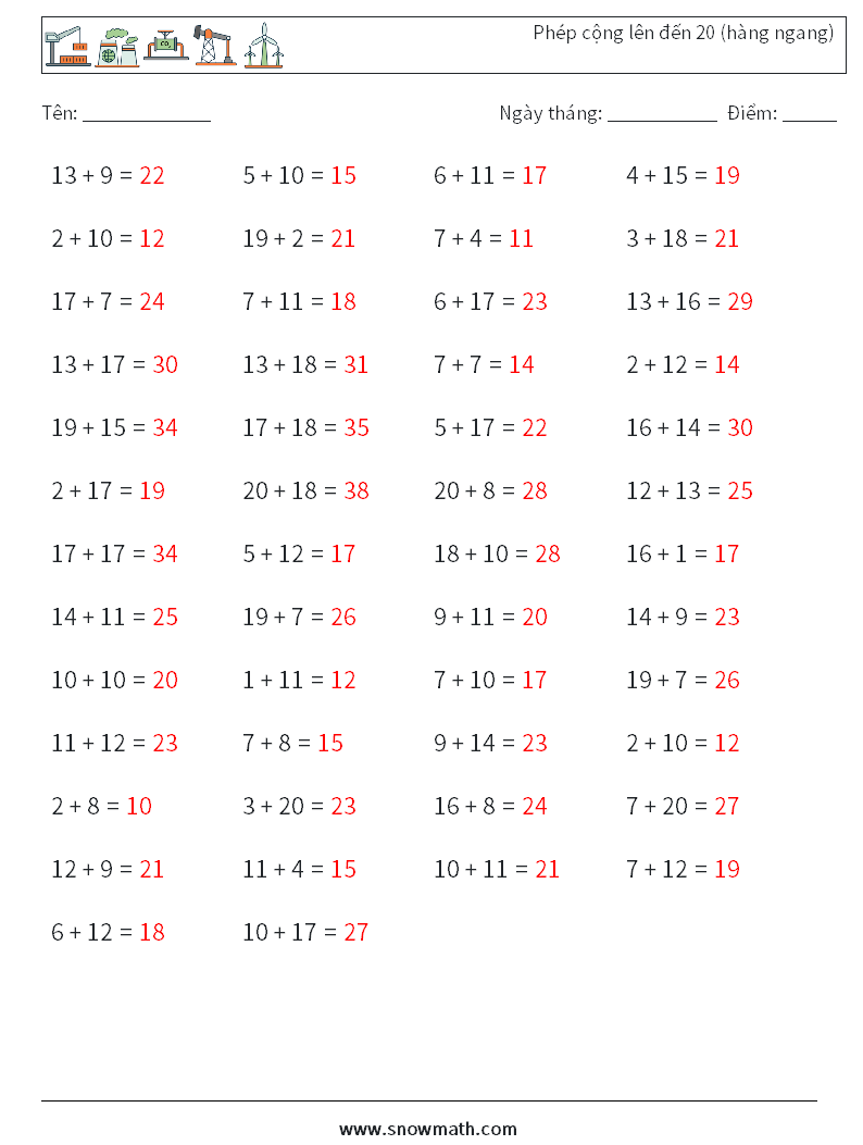 (50) Phép cộng lên đến 20 (hàng ngang) Bảng tính toán học 2 Câu hỏi, câu trả lời