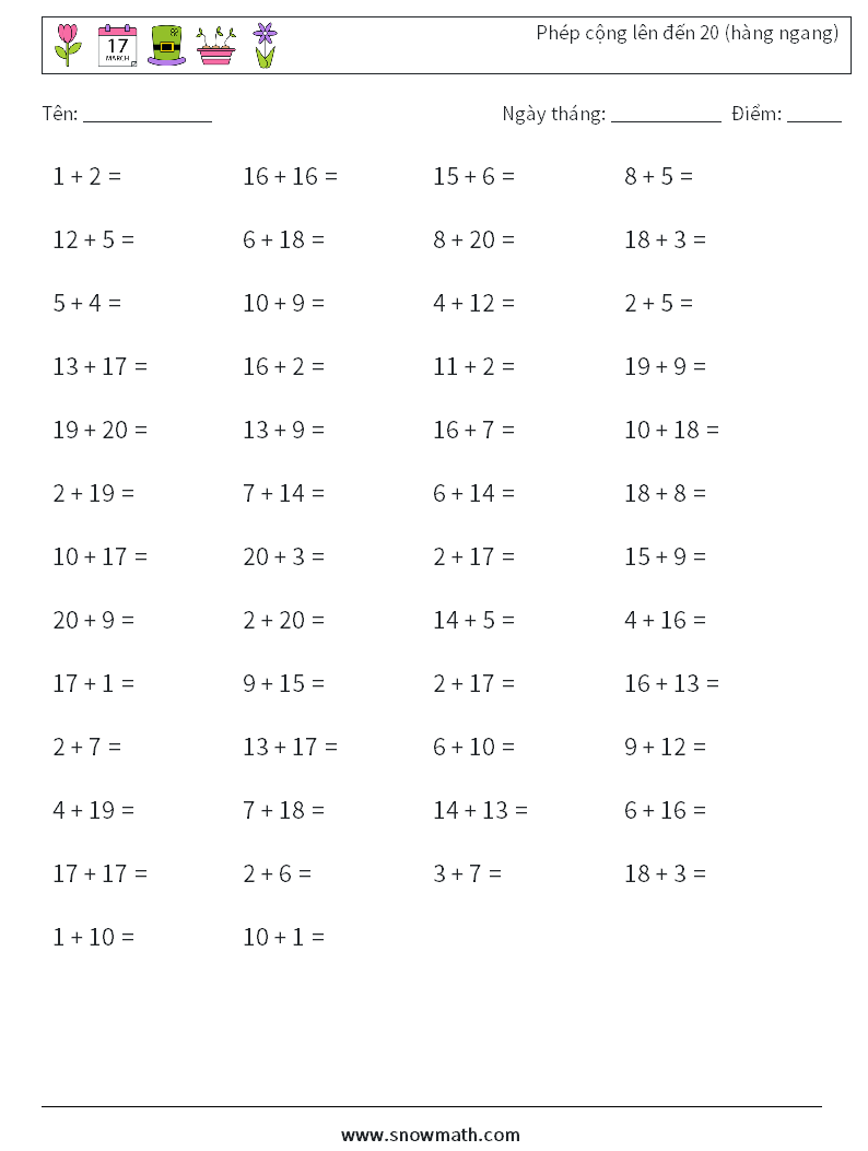 (50) Phép cộng lên đến 20 (hàng ngang) Bảng tính toán học 3