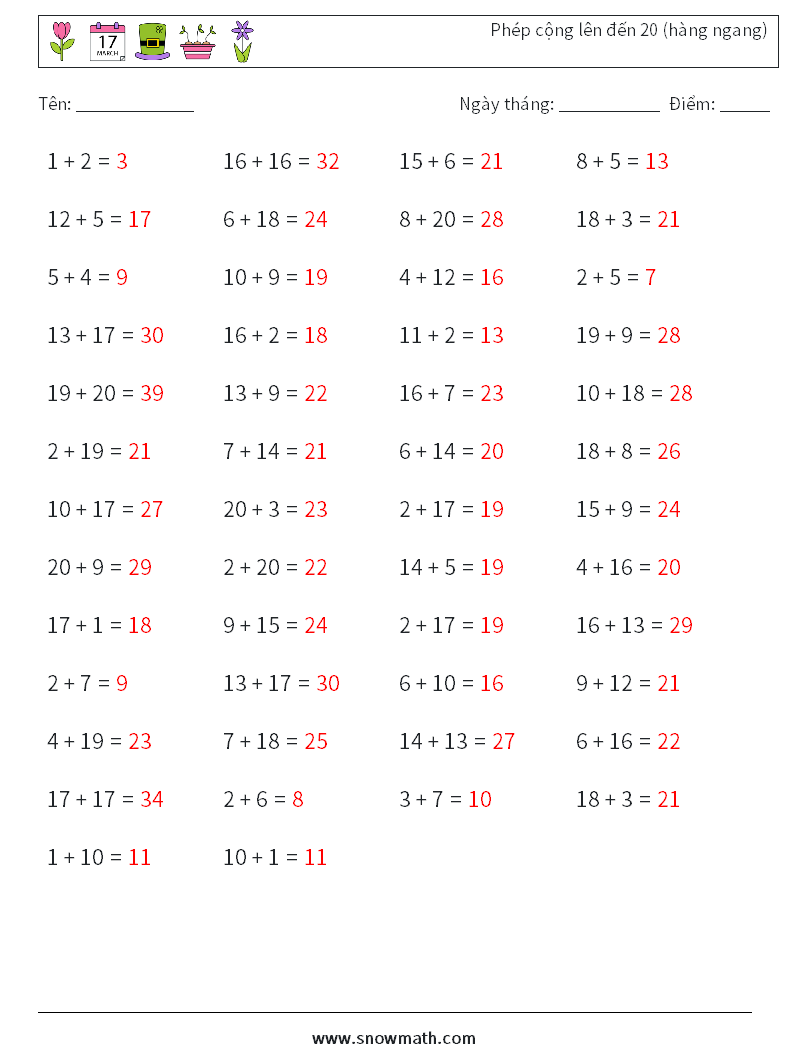 (50) Phép cộng lên đến 20 (hàng ngang) Bảng tính toán học 3 Câu hỏi, câu trả lời