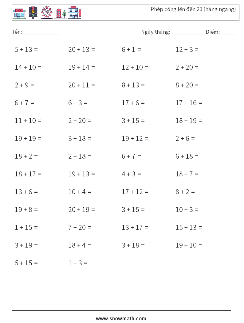 (50) Phép cộng lên đến 20 (hàng ngang) Bảng tính toán học 4