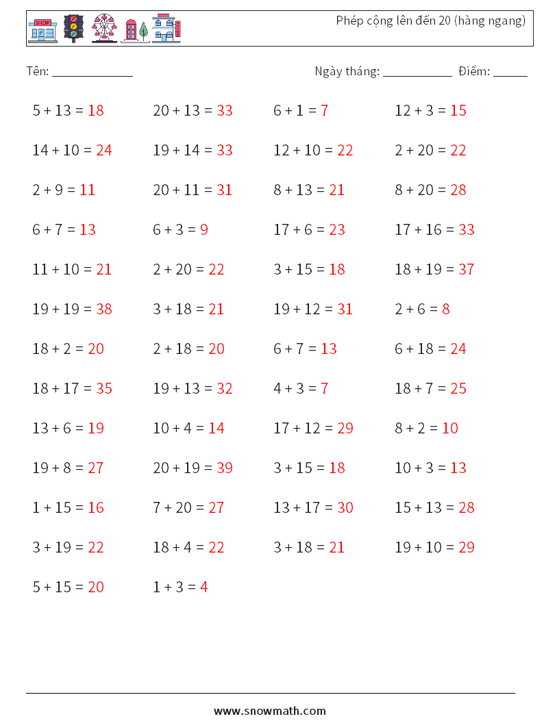 (50) Phép cộng lên đến 20 (hàng ngang) Bảng tính toán học 4 Câu hỏi, câu trả lời