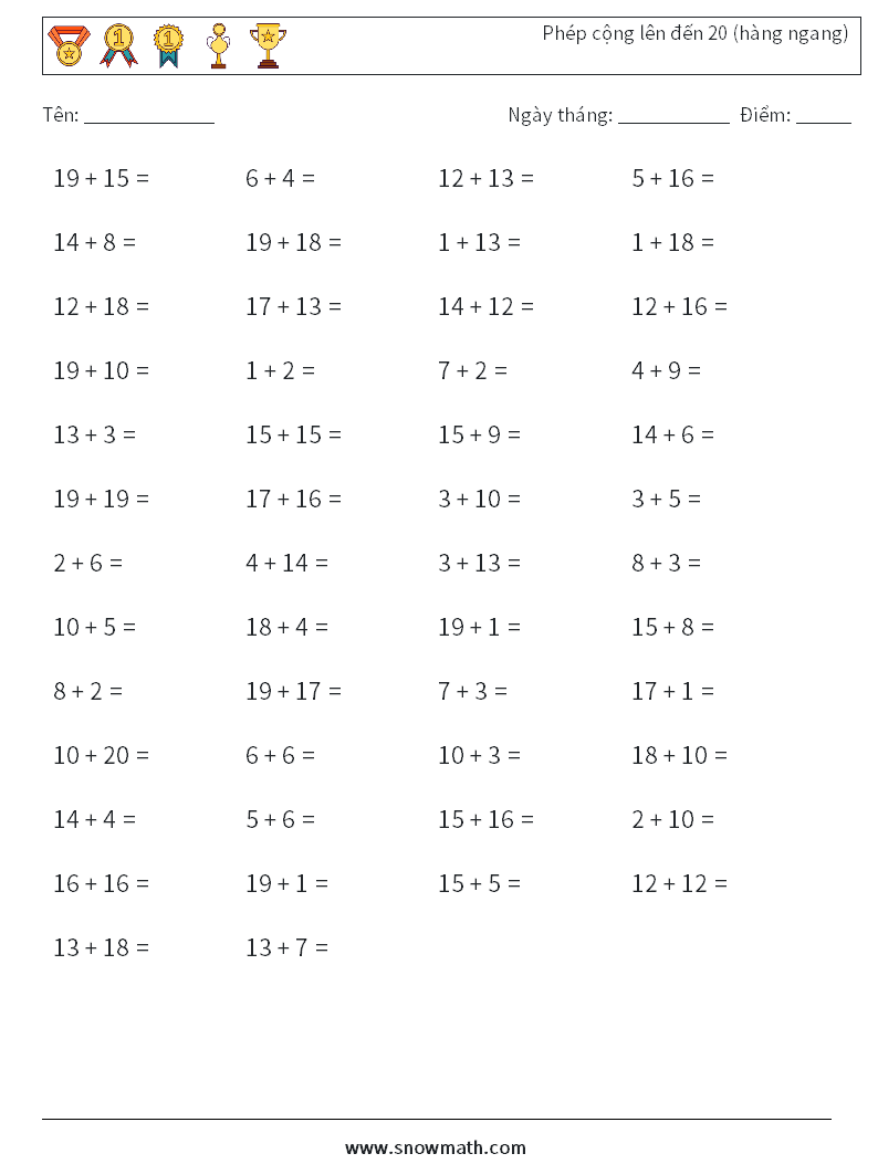 (50) Phép cộng lên đến 20 (hàng ngang) Bảng tính toán học 6