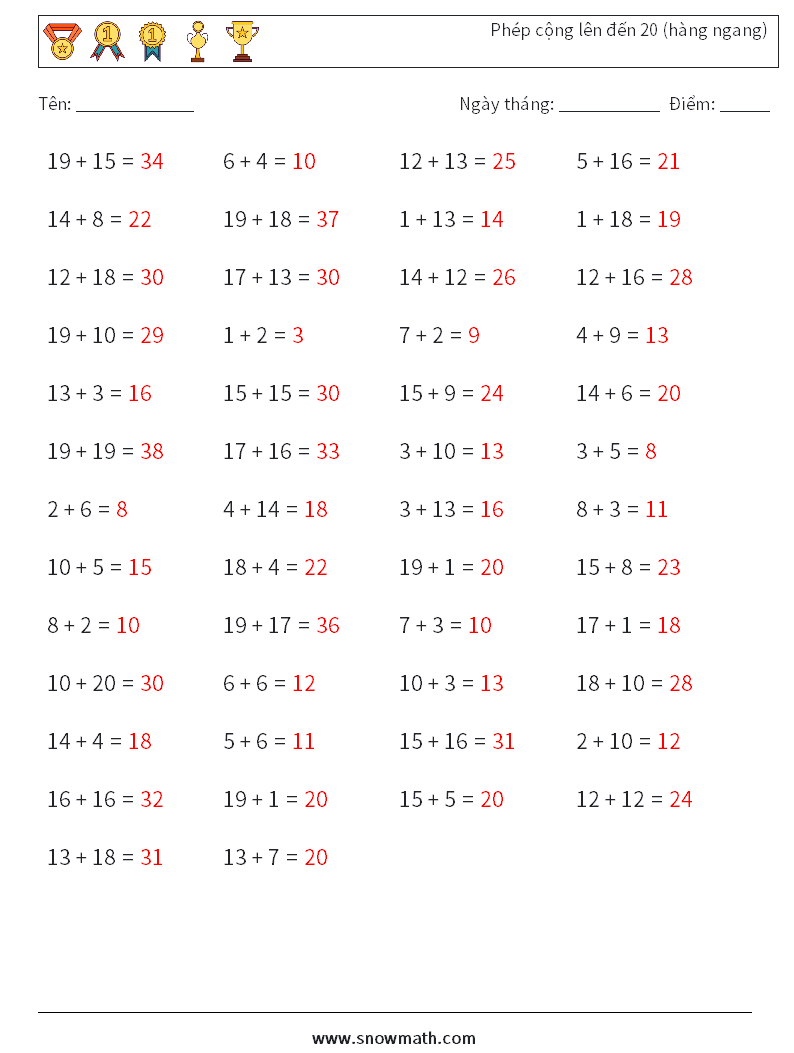 (50) Phép cộng lên đến 20 (hàng ngang) Bảng tính toán học 6 Câu hỏi, câu trả lời