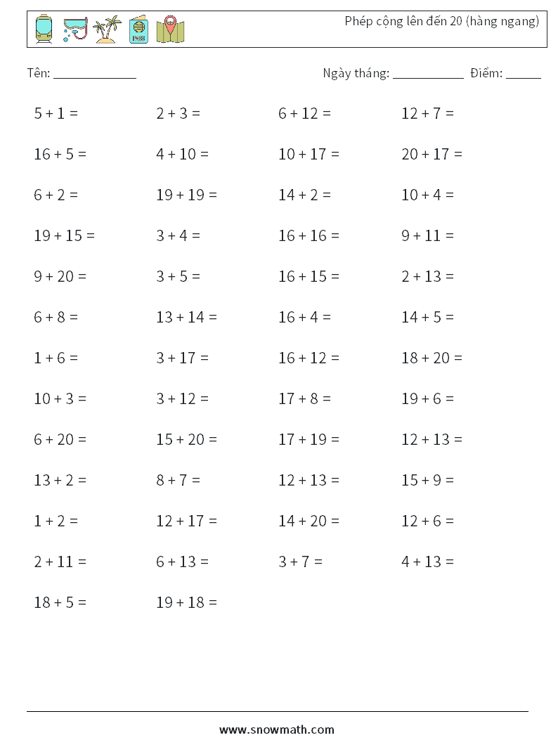 (50) Phép cộng lên đến 20 (hàng ngang) Bảng tính toán học 7