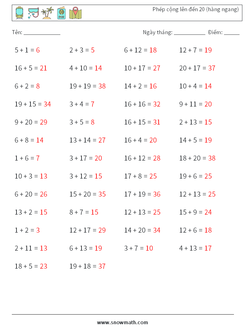 (50) Phép cộng lên đến 20 (hàng ngang) Bảng tính toán học 7 Câu hỏi, câu trả lời