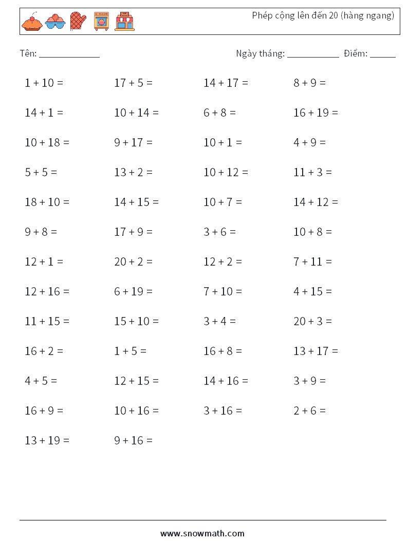 (50) Phép cộng lên đến 20 (hàng ngang) Bảng tính toán học 8