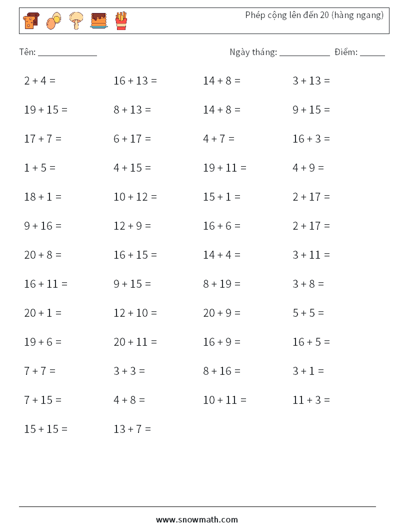(50) Phép cộng lên đến 20 (hàng ngang) Bảng tính toán học 9