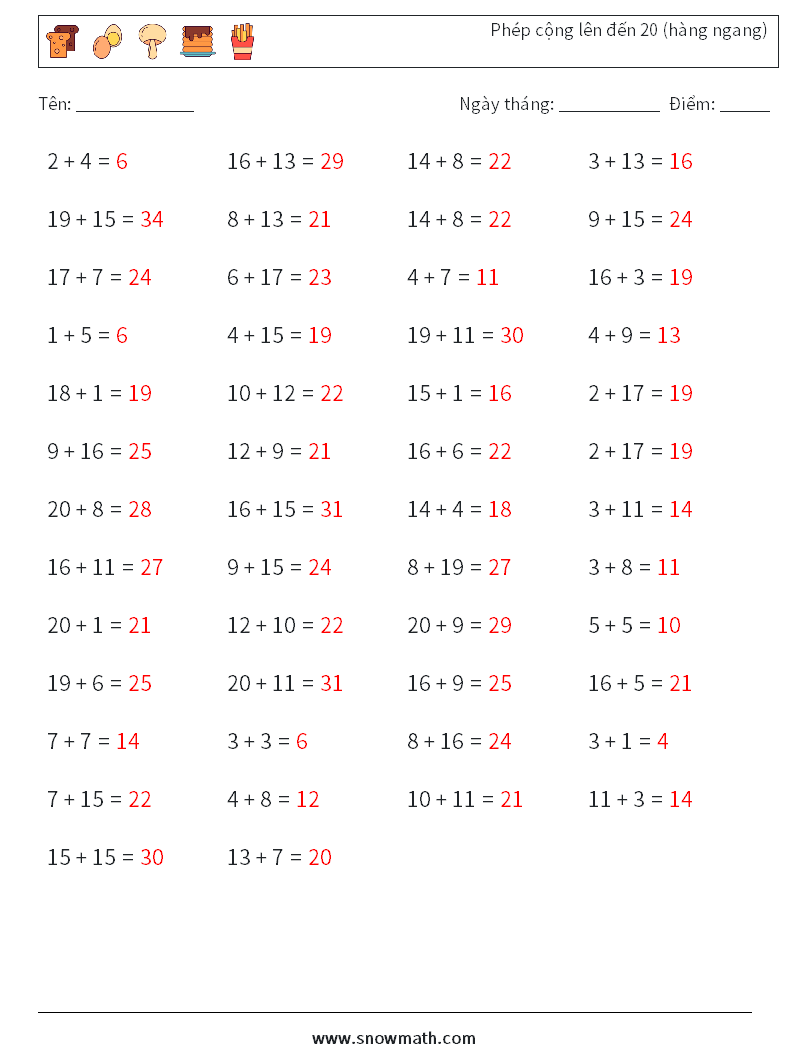 (50) Phép cộng lên đến 20 (hàng ngang) Bảng tính toán học 9 Câu hỏi, câu trả lời