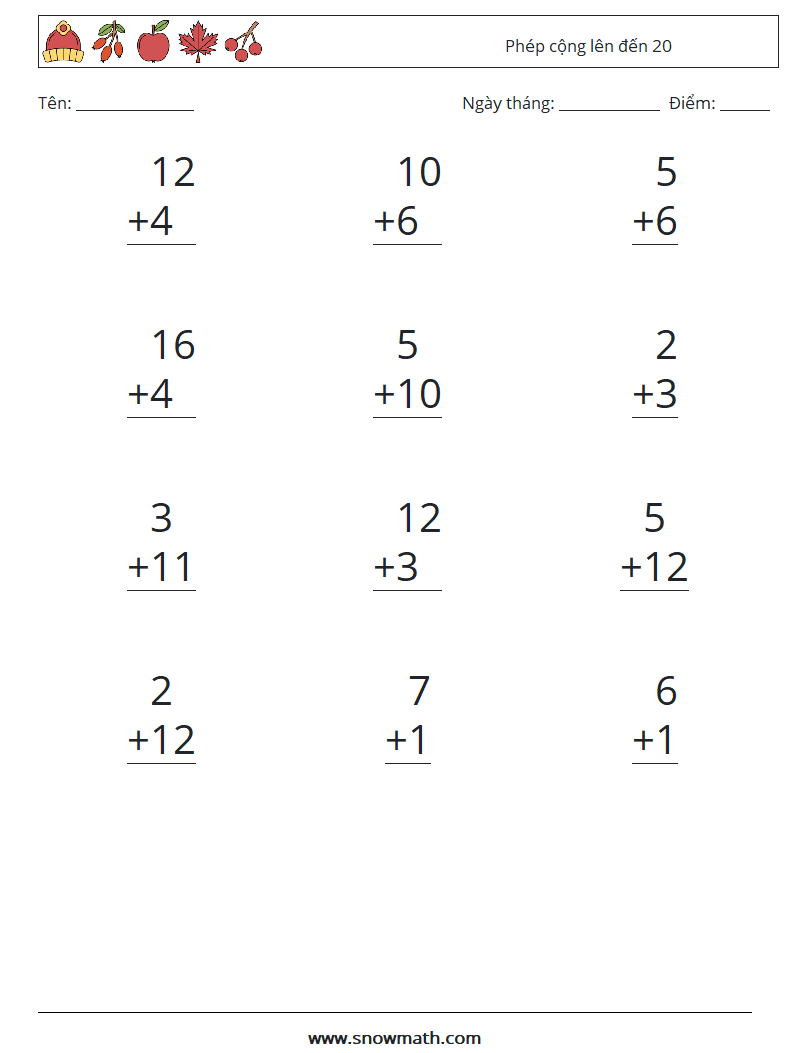 (12) Phép cộng lên đến 20 Bảng tính toán học 10