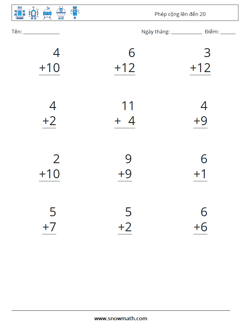 (12) Phép cộng lên đến 20 Bảng tính toán học 11