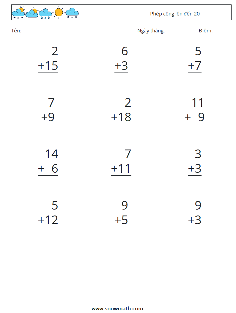 (12) Phép cộng lên đến 20 Bảng tính toán học 13