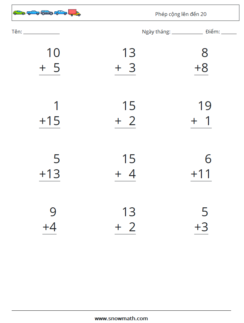 (12) Phép cộng lên đến 20 Bảng tính toán học 14