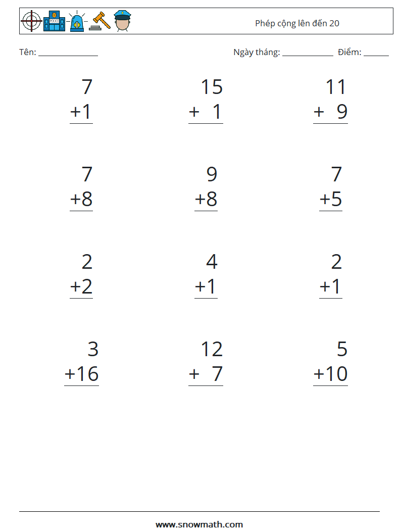 (12) Phép cộng lên đến 20 Bảng tính toán học 15