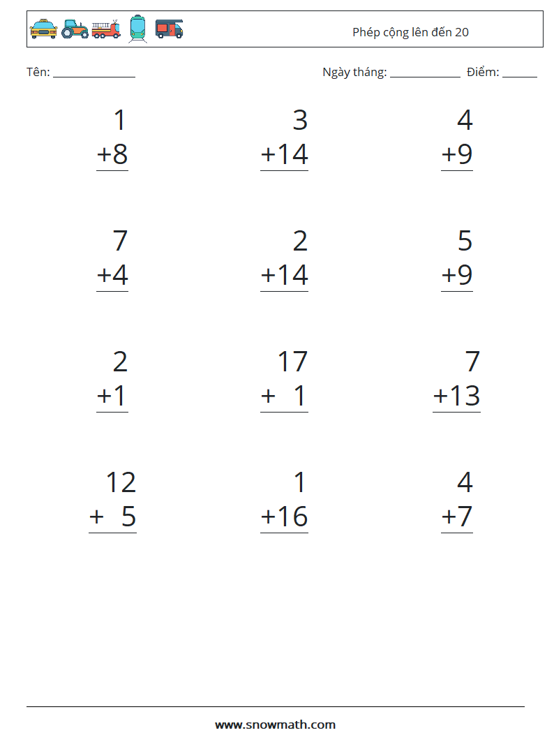 (12) Phép cộng lên đến 20 Bảng tính toán học 16