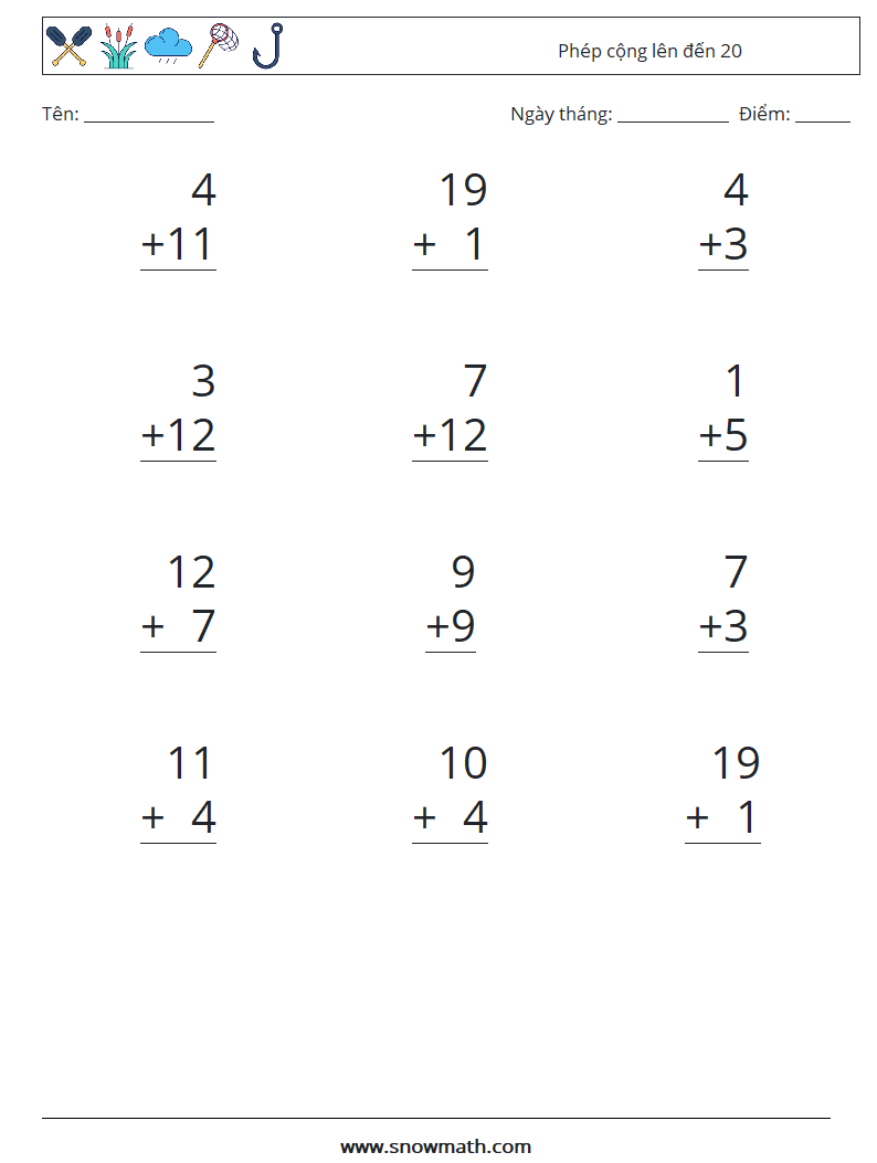 (12) Phép cộng lên đến 20 Bảng tính toán học 17