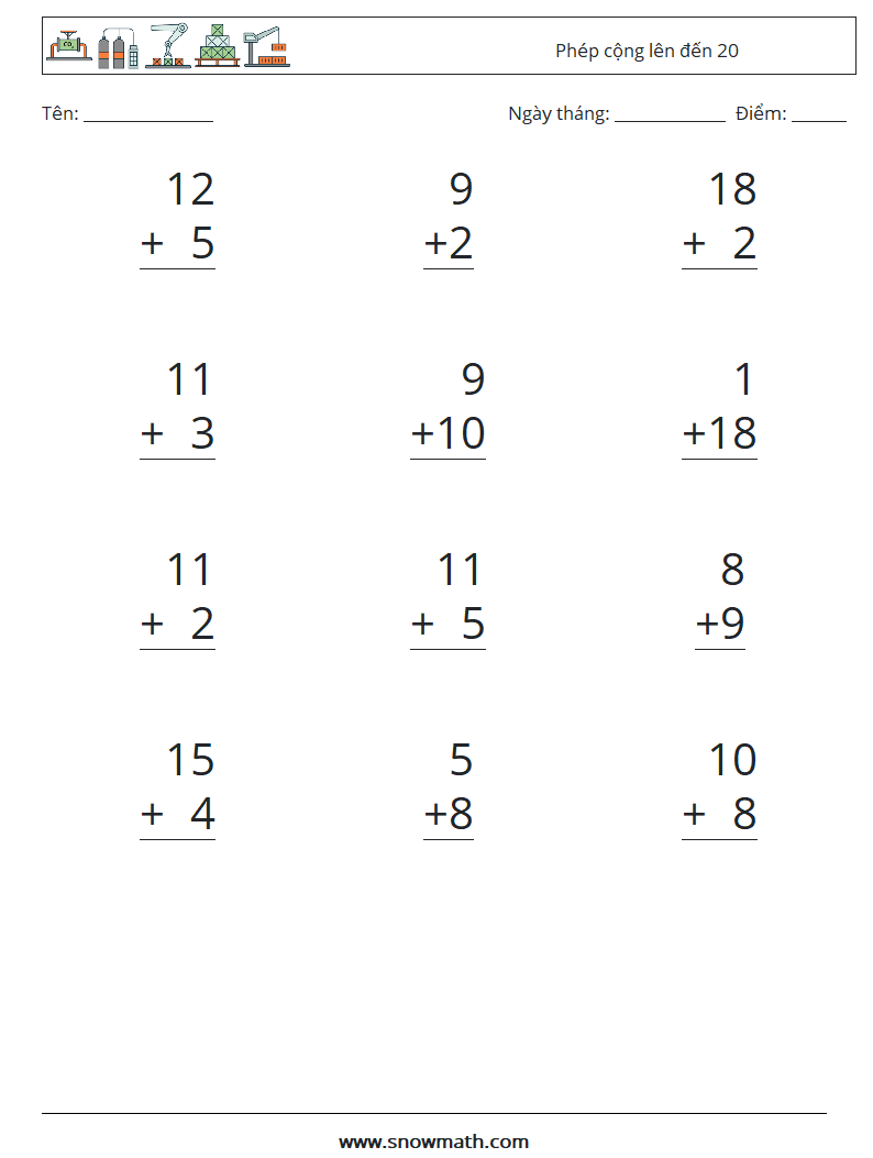 (12) Phép cộng lên đến 20 Bảng tính toán học 18